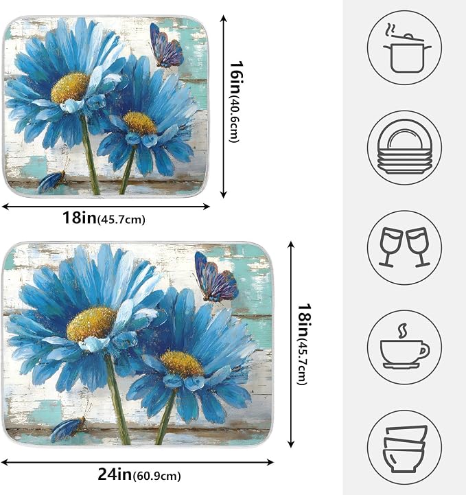 Rustic Daisy Blue on Vintage Wooden Dish Drying Mat for Kitchen Counter Absorbent Microfiber Small Drying Pad Dish Mats for Kitchen Countertops 16 x 18 Inch