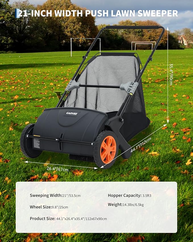 21-Inch Push Lawn Sweeper, 3.5 Cu. Ft. Hopper Leaf & Grass Collector, 4 Spinning Brushes, Adjustable Brush Height, Manual Yard Sweeper for Grass Clippings, Leaves & Light Debris, Black & Orange | 4 Spinning Brushes, Adjustable Brush Height, Manual Yard...