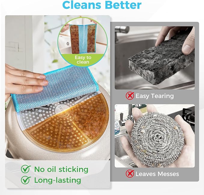 AIDEA Non Scratch Wire Dishcloth 24PK, Upgraded Wire Dishwashing Rag for Kitchen, Dual Sided, Dish Cloths for Washing Dishes, Cleaning Pads Steel Scrubber for Cookware, Sinks, Dishes, Stove Tops,7"×8"