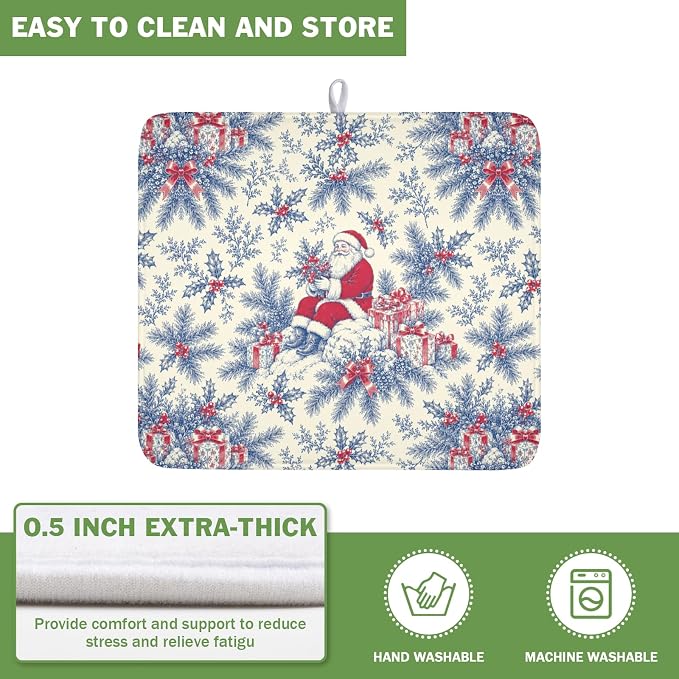 Christmas Santa Claus Dish Drying Mat for Kitchen Counter 16x18 Inch | Vintage Blue Chinoiserie Christmas Holly Leaves Dish Drainer Mat Rustic Xmas Holiday Absorbent Washable Drying Pad