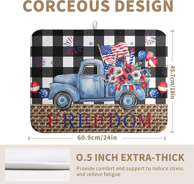 4th of July Buffalo Plaid Dish Drying Mat Patriotic Large Kitchen Mat Dish Drying Pad Absorbent Dish Dryer Mat for Kitchen Countertops Microfiber Drainer Pad Dish Drying Rack Mat (18x24 in)
