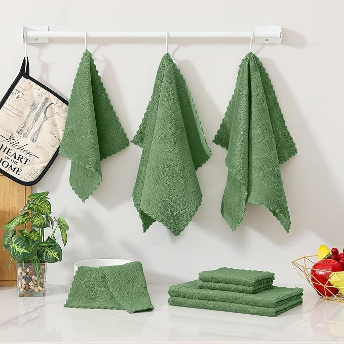 Homaxy Kitchen Towels and Dishcloths Set, 10 x 10 and 13 x 19 Inches, Set of 12 Super Soft and Absorbent Coral Velvet Kitchen Towels, No Lint and Nonstick Oil Fast Drying Dish Towel, Grass Green
