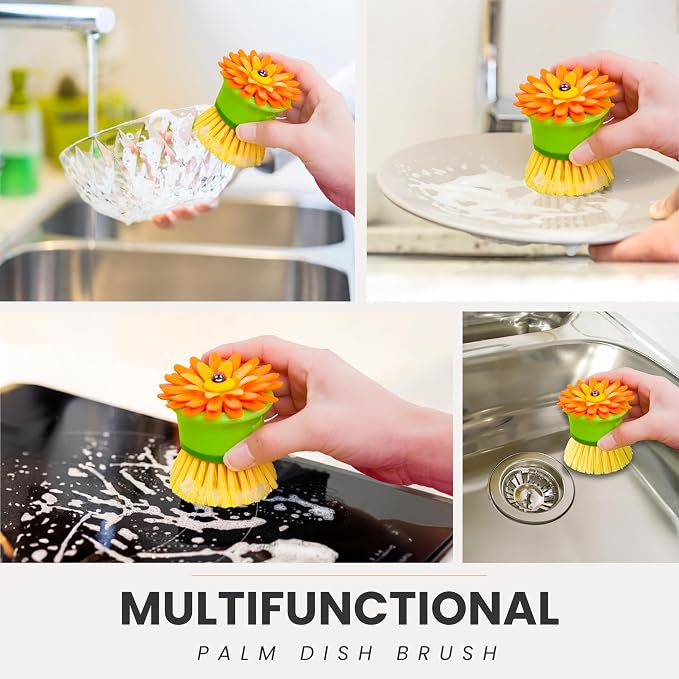 Vigar Flower Power Palm Dish Scrub Brush with Holder, Kitchen Scrub Brush for Dishes, Dish Scrubber, Sink Brush, Dishwashing Brush and Vegetable Scrubber for Household Cleaning - Orange, Green