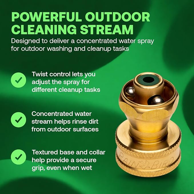 Rain Bird HENZLB2ADJ 2-Inch Lead-Free Brass Twist Adjustable Water Hose End Nozzle - High Pressure Garden Hose Jet Sprayer with Adjustable Stream Pattern, 3/4 in. GHT Connection for Outdoor Cleaning