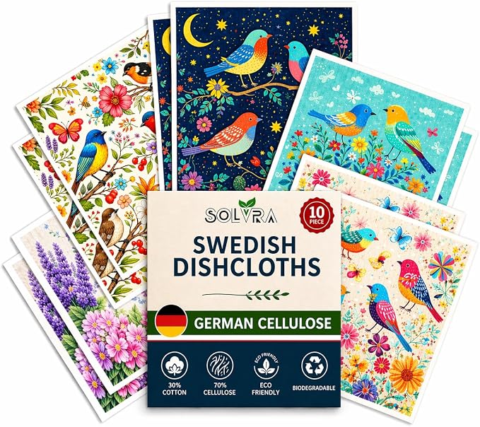 10 PCS Birds Print Swedish Dishcloths for Kitchen 100% Biodegradable, Reusable Cellulose Sponge Cloths Ultra Absorbent, Eco Friendly Cleaning Towels Dishcloths for Washing Dishes & General Cleaning