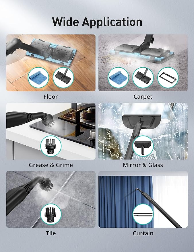 Carpet Steam Cleaner for Home, 293°F 58 PSI Powerful Multipurpose Handheld Steam Mop, 21 Attachments, 50Oz Capacity, Heavy Duty Steamer for Carpets, Floors, Cars, Tiles, Crack Cleaning, Turquoise