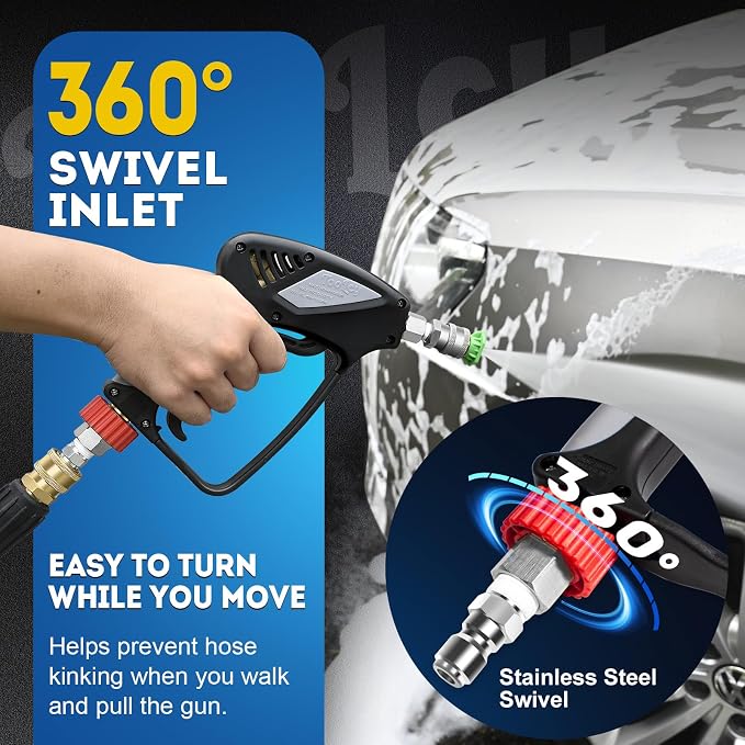 TOOLCY Pro Short Pressure Washer Gun Stainless Steel 3/8" Swivel Fitting | 5000 PSI 1/4" Quick Connect Outlet M22-14mm Male Thread Adapter with 5 Nozzle Tips For Foam Cannon