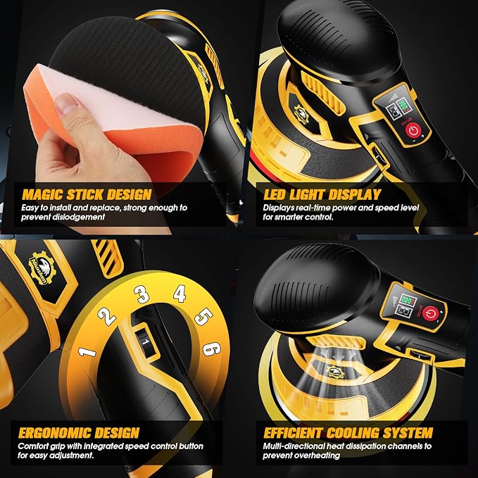 Cordless Car Buffer Polisher kit, DA Polisher with 2*21V Batteries | 2x 21V 2000mAh Batteries, 6-speed, LED Display, Random Orbital, 18 pcs Assorted Polishing Pads for Car Detailing-Yellow