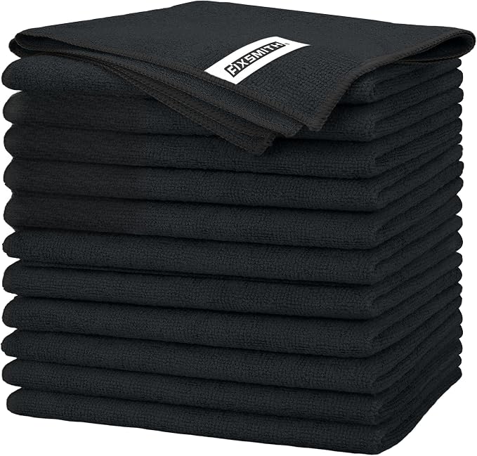 FIXSMITH Black Microfiber Cleaning Cloth -Pack of 12, Highly Absorbent Cleaning Rags, 16"X12" All Purpose Cleaning Towels for Housekeeping, Kitchen, Car, Lint Free and Reusable Microfiber Towels