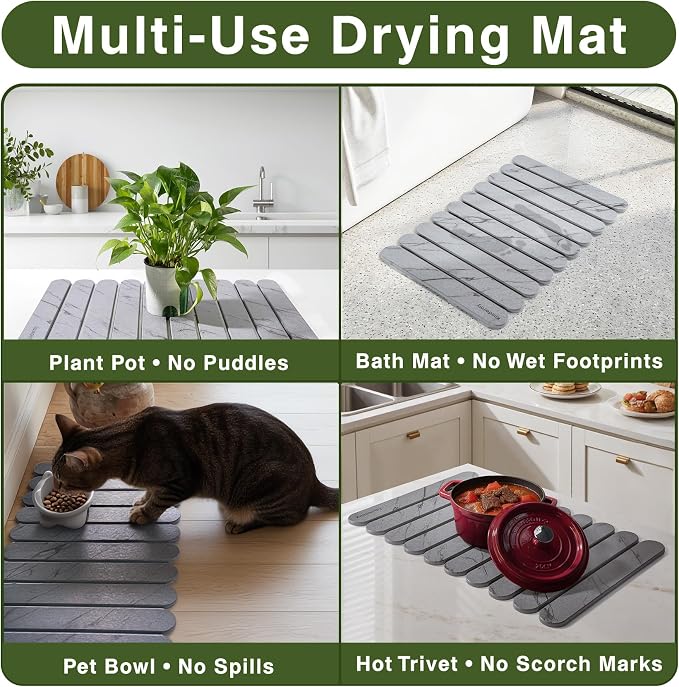 Stone Drying Mat for Kitchen Counter, 24"x16" Quick Dry Stone Dish Drying Mat, Foldable Absorbent Diatomaceous Earth Pad for Plates Cups Utensils (Gray)