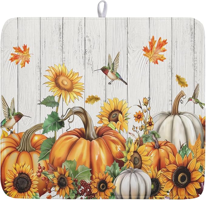Fall Sunflower Maple Leaves Dish Drying Mat for Kitchen Counter Autumn Harvest Pumpkin Dish Drying Mat 16”x18” Thanksgiving Dishes Pad Dish Drainer Rack Mats Absorbent Fast Dry Kitchen Accessories