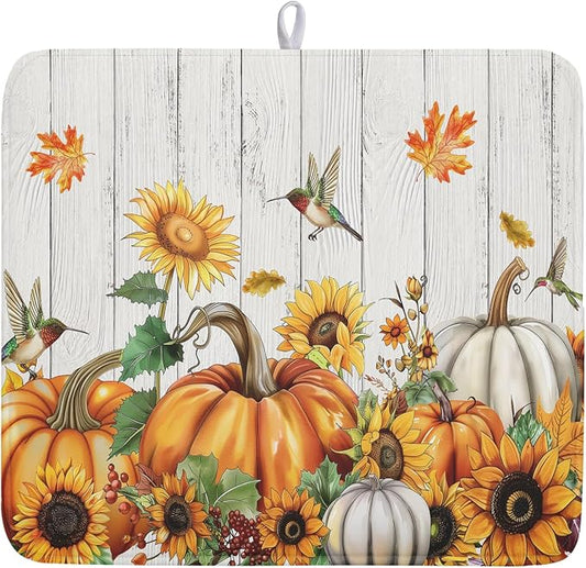Fall Sunflower Maple Leaves Dish Drying Mat for Kitchen Counter Autumn Harvest Pumpkin Dish Drying Mat 16”x18” Thanksgiving Dishes Pad Dish Drainer Rack Mats Absorbent Fast Dry Kitchen Accessories