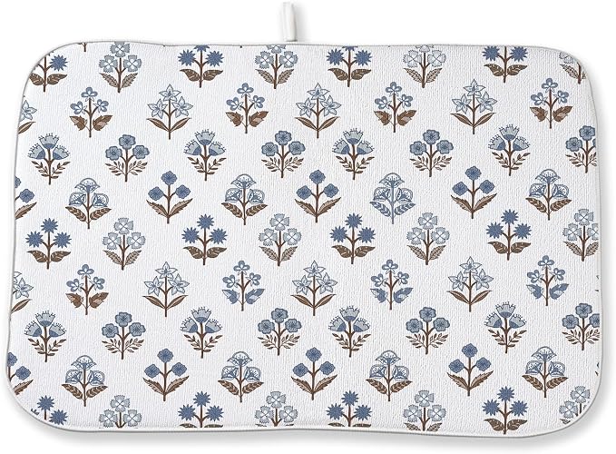 Blue Brown Block Print Dish Drying Mats 18x24 Inch Blue Brown Vintage Spring Floral Drying Mats Seasonal Outdoor Decorations Absorbent Drying Dish Mats for Kitchen Dining Room Counter Decor