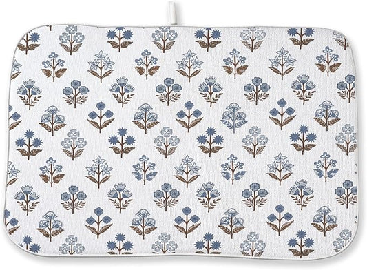 Blue Brown Block Print Dish Drying Mats 18x24 Inch Blue Brown Vintage Spring Floral Drying Mats Seasonal Outdoor Decorations Absorbent Drying Dish Mats for Kitchen Dining Room Counter Decor