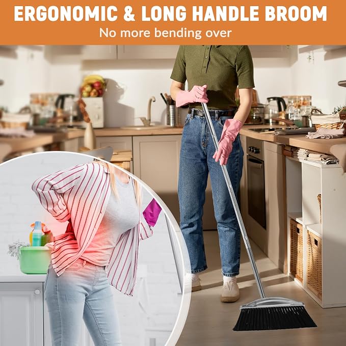 VOOWO Broom with Dustpan Combo Set, 46" Stainless Steel Broom and Dustpan Set for Home, Heavy Duty Dust Pan with Long Handle, Broom for Sweeping Indoor and Outdoor, Kitchen Broom and Dust Pan (Black)