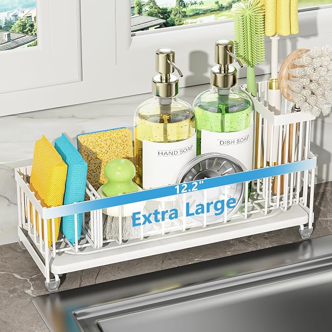 Cisily Extra Large Sink Caddy Organizer with Drying Stone, White Sponge Holder for Kitchen, Dish Brush Holder for Countertop, Kitchen Decor Storage and Essentials
