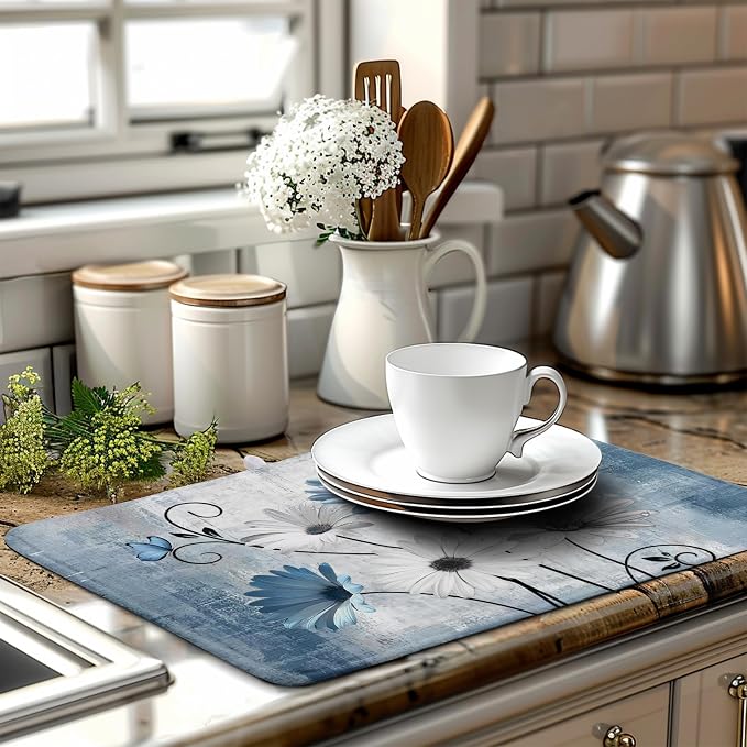 Dish Drying Mat for Kitchen Counter 18x24 Inch Blue Grey Daisy Drying Pads Rustic Vintage Floral Dish Dry Mat Microfiber Absorbent Farmhouse Dish Drainer Mat Flowers Dish Drainer Rack Mat