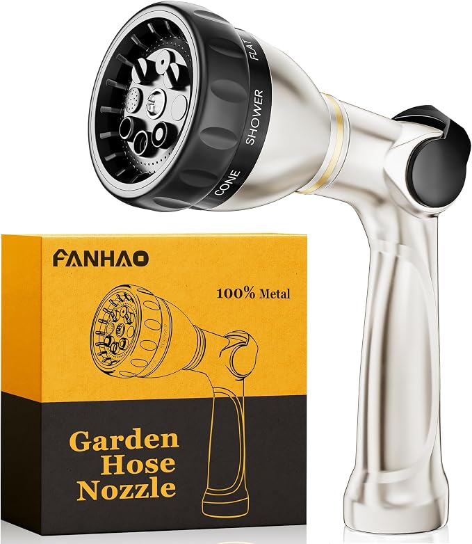 FANHAO Metal Thumb Control Garden Hose Nozzle Heavy Duty, 8 Spray Patterns | Rustproof Zinc Alloy Water Hose Sprayer High Pressure, Non-Slip Ergonomic Grip for Lawn & Plant Watering, Car & Pet Washing