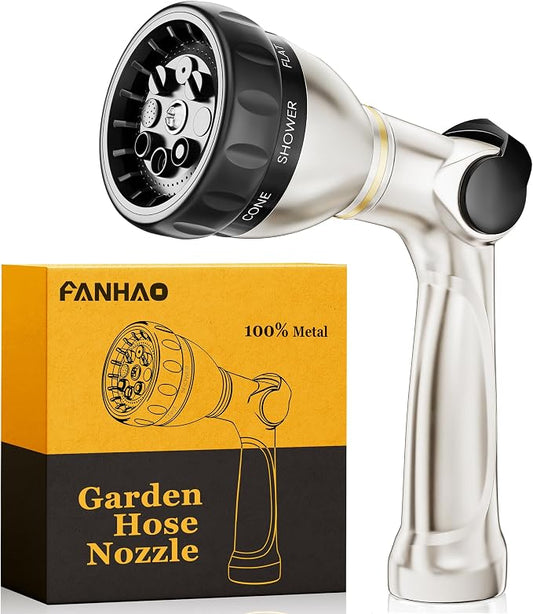 FANHAO Metal Thumb Control Garden Hose Nozzle Heavy Duty, 8 Spray Patterns | Rustproof Zinc Alloy Water Hose Sprayer High Pressure, Non-Slip Ergonomic Grip for Lawn & Plant Watering, Car & Pet Washing