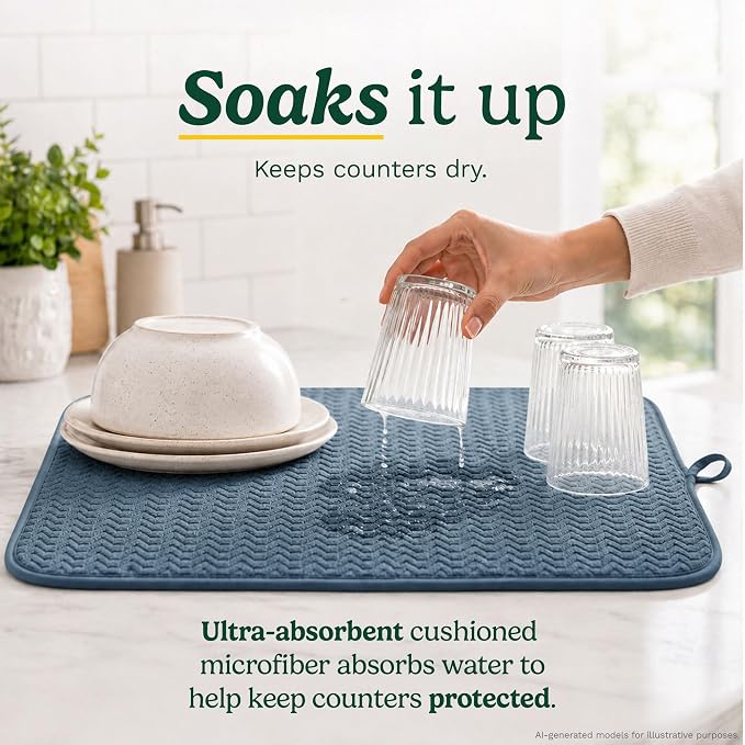 Cuisinart Dish Drying Mat for Kitchen Counter - 2-Pack XL 18x24 Ultra Absorbent Microfiber Dish Mat - Fast Drying, Machine Washable, Foldable Countertop Pad - Safe for Granite & Quartz