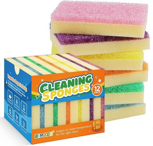 UNIMADE Scrub Sponge, Temperature Responsive Dual-Sided Cleaning Sponges, Non-Scratch Dish Sponge for Kitchen, Soft in Warm Water & Firm in Cold, 12 Pack