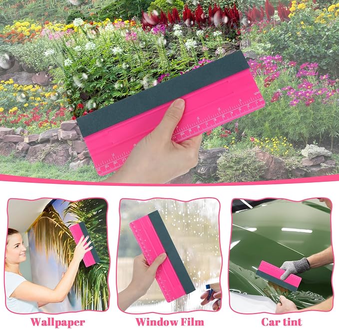 Wallpaper Smoothing Tool, Professional Vinyl Squeegee with Ruler | Felt Squeegee for Vinyl Decals Sticker Paper Wallpaper Window Film Tools (Pink, 8inch)