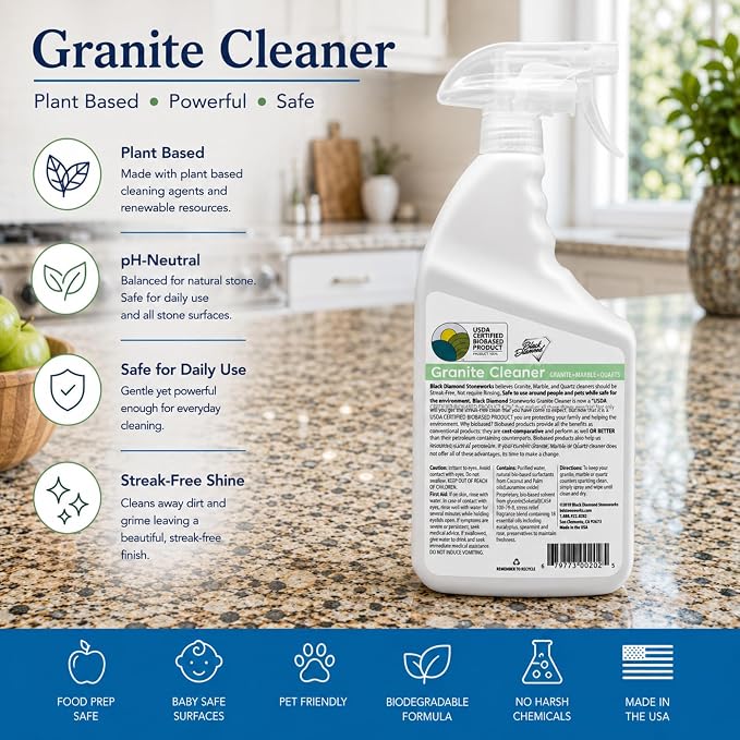 Black Diamond Stoneworks Granite Counter Cleaner: USDA Certified BIOBASED- Safe for Granite and other stone countertops. Safe for food contact formula to keep your countertops looking fresh and clean!