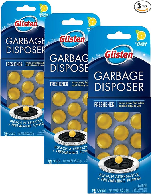 Glisten Disposer Care Freshener, Odor Eliminator, Quick & Easy-to-Use Garbage Disposal Freshener, Lemon Scent, 10 Use (Pack of 3)