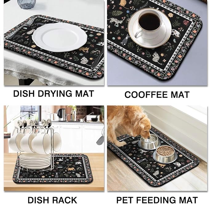 Dish Drying Mat 2-Pack in Vintage Cat Floral for Kitchen Counter Dishes Mat | Diatom Mud Mats (18x24, 19.5x12"). Non-slip rubber back for kitchen counter, coffee bar & sink scenes
