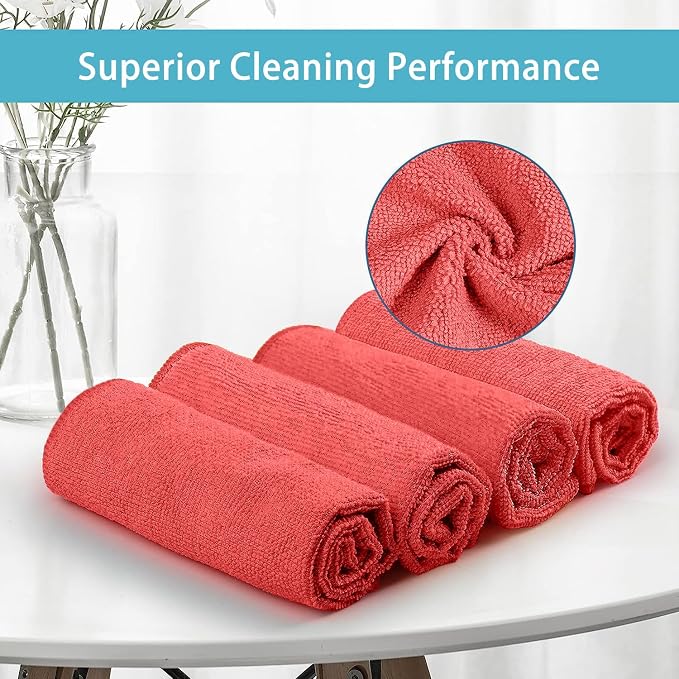 HOMEXCEL 100PK Microfiber Cleaning Cloth, Cleaning Rag for Home, 11.5x11.5 | Reusable, Lint Free, Scratch-Free and Highly Absorbent Towels for Kitchen, Window and Glass, Cars, Red