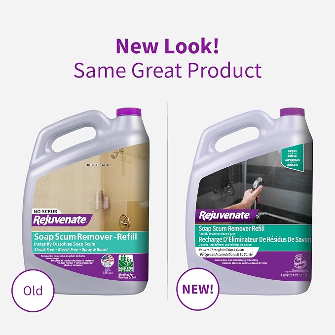 Rejuvenate Soap Scum Remover, Dissolves Soap Scum Without Scrubbing, 2 Pack | Gentle For Daily Use, Non-Bleach Formula is Safe on Glass Showers, Ceramic Tile, Chrome & More, Safe For Pets & Kids
