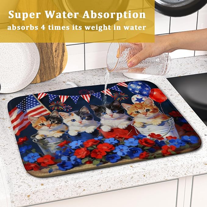 4th of July Dish Drying Mat Patriotic Cats Dish Drying Rack Mat for Kitchen Counter Small