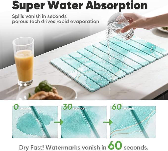 Stone Drying Mat for Kitchen Counter, Quick Diatomaceous Earth Mats for Dishes, 24"L x 16" W Super Absorbent Fast-Drying Collapsible Countertop Stone Mat (Marble White Green-01, 24" x 16")