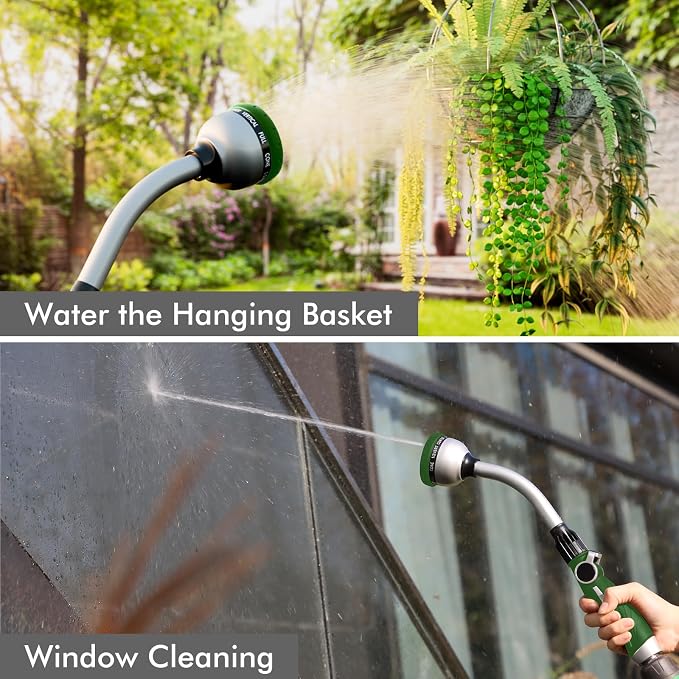 RESTMO Watering Wand Heavy Duty, 15-Inch Long Hose Nozzle Sprayer | 10 Spray Patterns & Thumb Flow Control, Metal Garden Hose Wand for Water Hanging Baskets and Shrubs, Green
