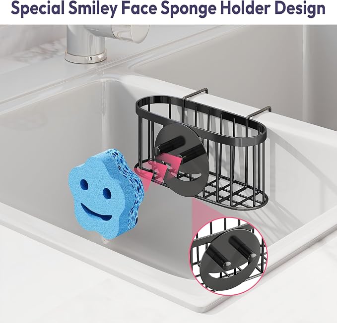 SWTYMIKI Sponge Holder for Kitchen Sink - Movable Sink Caddy with Smiley Face Sponge Holder, Rustproof Hanging Sponge Organizer in Double Bowl Sinks Depth>3.15in, Middle Divider<1.5in, Black