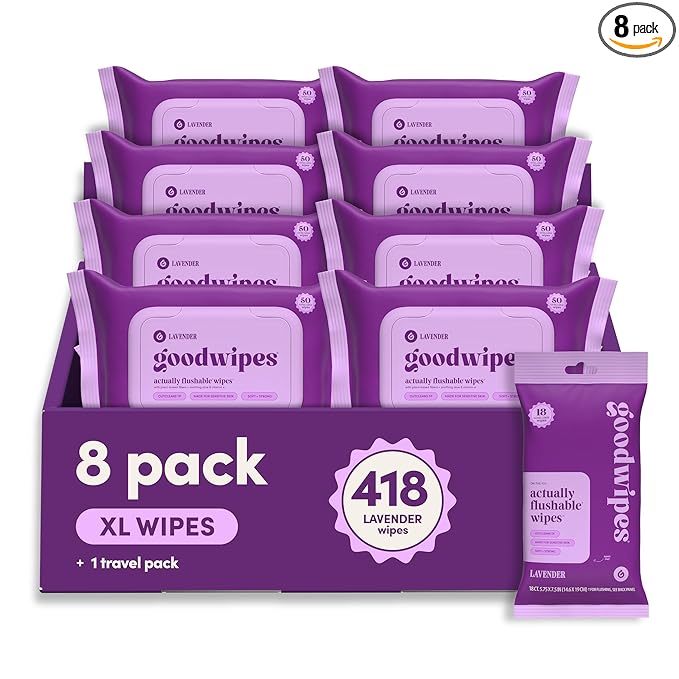goodwipes Flushable Wipes Bulk Pack, Lavender Adult Wet Wipes for Women & Men, Sewer & Septic Safe, Toilet & Bathroom Essentials, Extra Large, 418 Count (8 Packs and 1 Travel Pack)