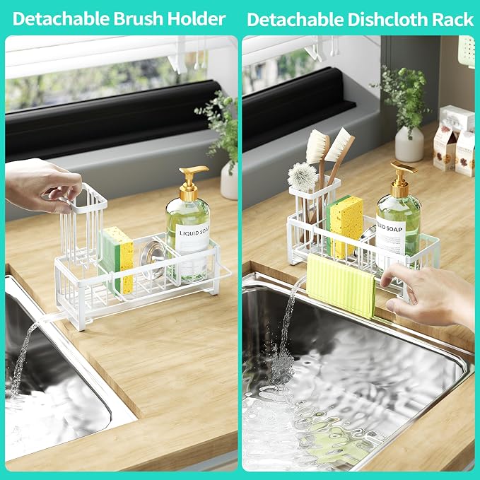 HapiRm Sponge Holder for Kitchen Sink - Self-draining Sink Caddy with Brush and Dishcloth Holders, Stainless Steel Kitchen Organizer for Countertop - White