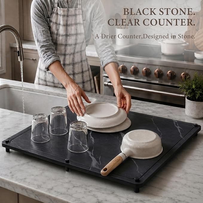 Large Stone Dish Drying Mat 24"x16", Black Stone Dish Drying Mats for Kitchen Counter, Diatomaceous Earth Dish Drying Mat, Quick Dry Dish Drying Stone Mat, Oversized Absorbent Board, Easy Clean