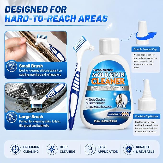 Mold Stain Remover Gel, 8 Fl Oz Heavy-Duty Thick Gel Formula for Washing Machine Seal, Front Load Washer Gasket, Bathroom Grout, Shower, Silicone Caulk, Tile & Sink Cleaner