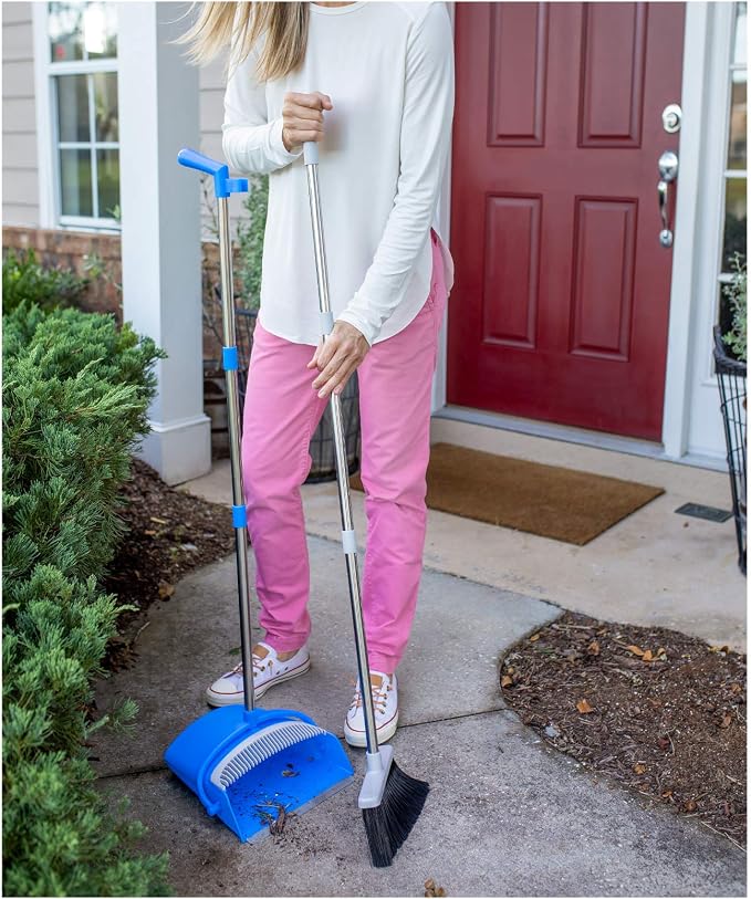 JFB Home Products BristleComb Outdoor Broom & Dustpan Set Upright, 49" Long Adjustable Broom, Long Handle, Self-Cleaning Comb & 2 Interchangeable Heads of Different Stiffness - Medium and Coarse