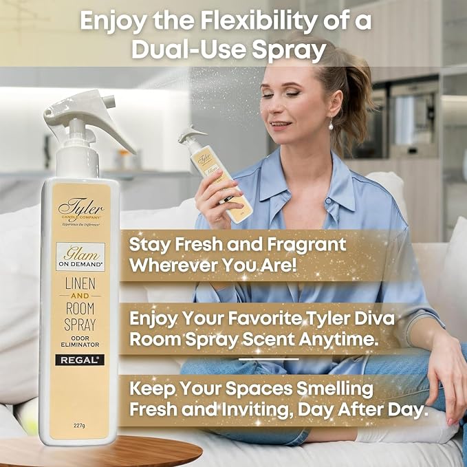 Tyler Glam on Demand - Regal Scent Linen and Room Spray 2 Pack - Air Freshener and Odor Eliminator Bundle with Stain Remover Pen - Laundry Bundle