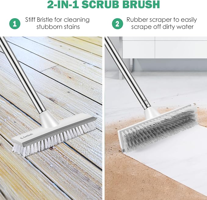 SetSail Floor Scrub Brush and Grout Brush with 51-in Long Handle,Grey White | 2 in 1 Scrape Brush Stiff Bristle Floor Scrubber for Cleaning Shower Bathroom Garage Kitchen Wall Deck Tub Tile