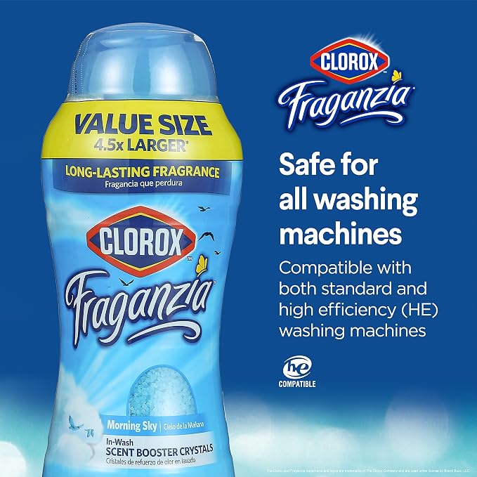 Clorox Fraganzia Laundry Scent Booster Crystals In-Wash Fragrance Beads Fresh-Smelling Clothes Linens Safe All Fabrics Morning Sky Scent 70 OZ 6 Pack