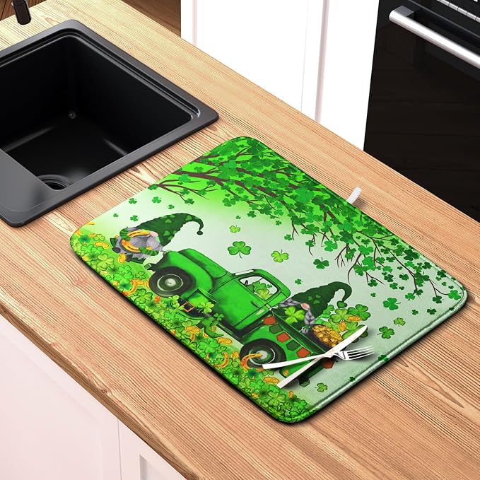 St Patricks Day Shamrock Drying Mat for Kitchen Counter Green Gnome Truck Dishes Drying Mat St. Patricks Day Spring Washable Dish Drying Pad Absorbent Microfiber Dishes Drainer Mats 16x18 Inch