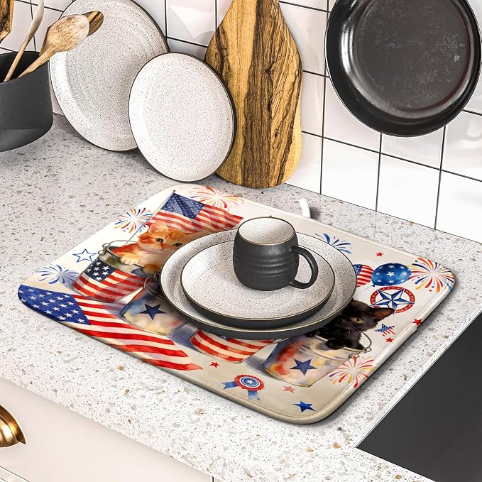 Happy 4th of July Patriotic Dish Drying Mat 16 x 18 In Independence Day Vintage Kitchen Drying Mat