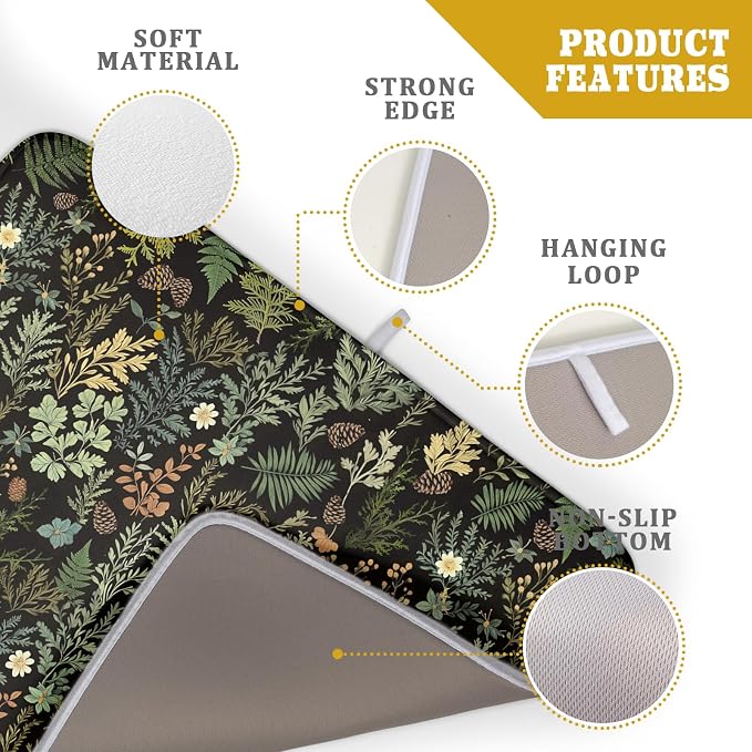 Black Green Botanical Dish Drying Mat for Kitchen Counter 18x24 Inch Super Absorbent Microfiber Kitchen Drying Mat Green Plant Fern Leaves Floral Dish Reusable Washable Dish Drying Pad for Coffee Bar