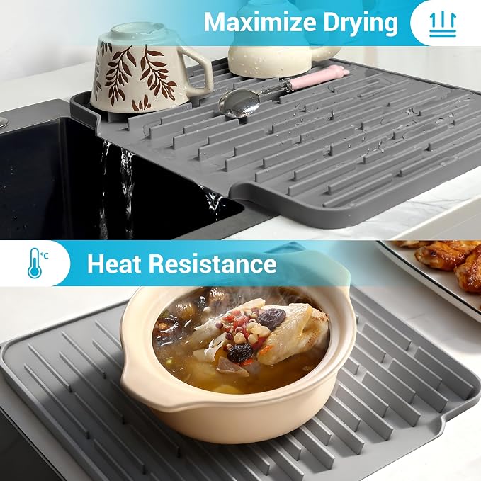 Foldable Silicone Dish Drying Mat for Kitchen Counter & Sink - Quick Dry, Space Saving, Non-Slip Pad for Small Apartments & Coffee Bar Dark Grey