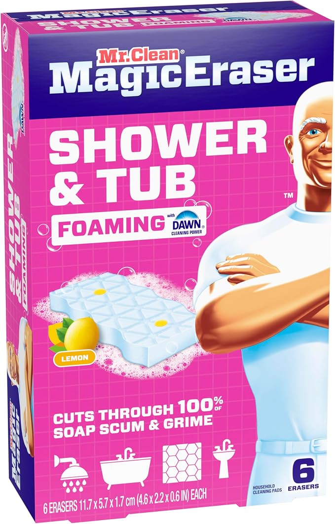 Mr. Clean Magic Eraser Sponge, Bathroom, Shower, Tub Cleaner, Soap Scum Remover, Bathroom Cleaning Supplies, Dawn Cleaning Power with Lemon Scent, Shower & Tub, 6ct