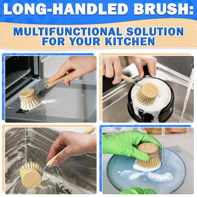 5 Pcs Bamboo Dish Brush Set, Non-Scratch Bristles, Replacement Head | Bamboo Dish Scrubber for Pots, Bottles & Vegetables; Soft for Delicate, Stiff for Stuck-On Messes; Bottle Brush Included