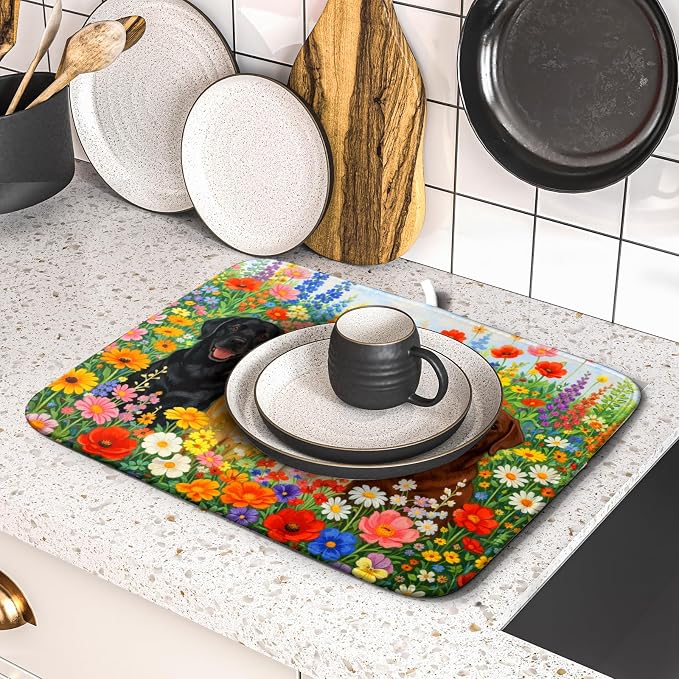 Flower Dog Dish Drying Mat Spring Floral Microfiber Absorbent Dish Drying Pad for Kitchen Counter
